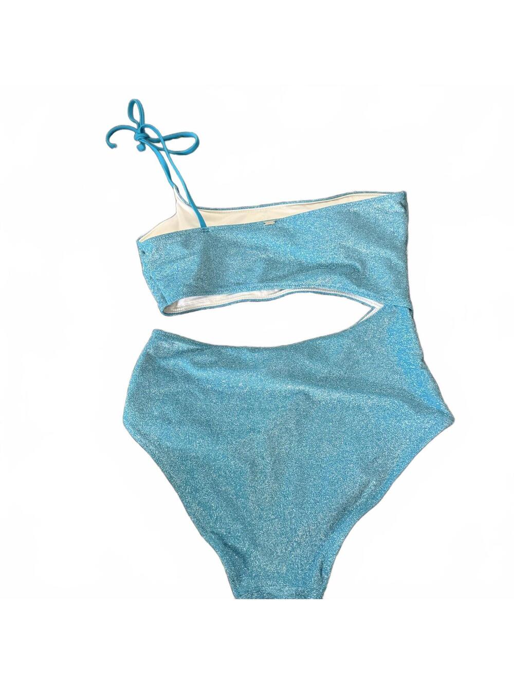 PINK Aqua Blue Metallic Cutout One Piece Swimsuit Monokini Med. - Picture 2 of 6